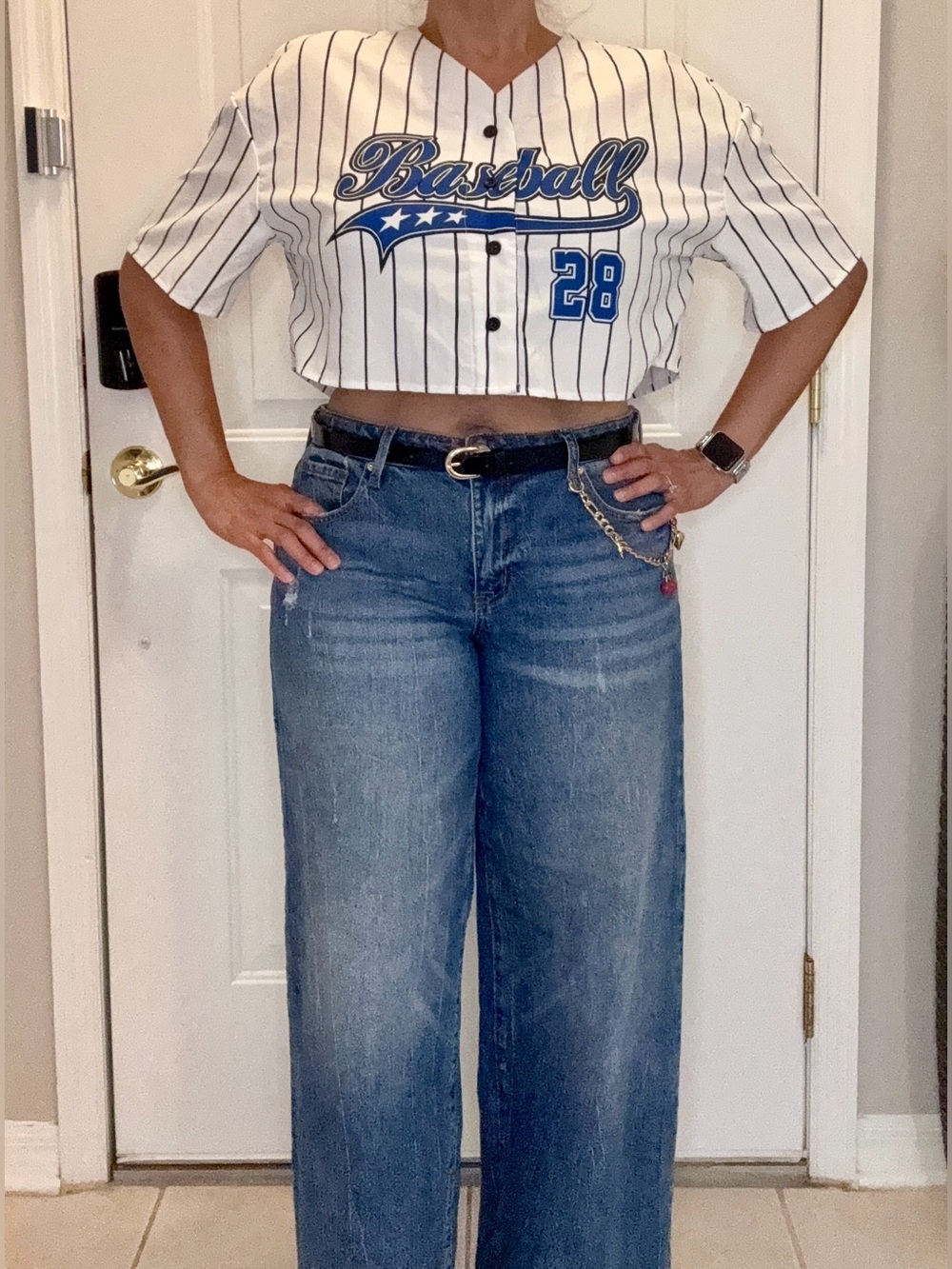 Cropped Pinstripe Baseball Tee with Blue Script - White/Blue